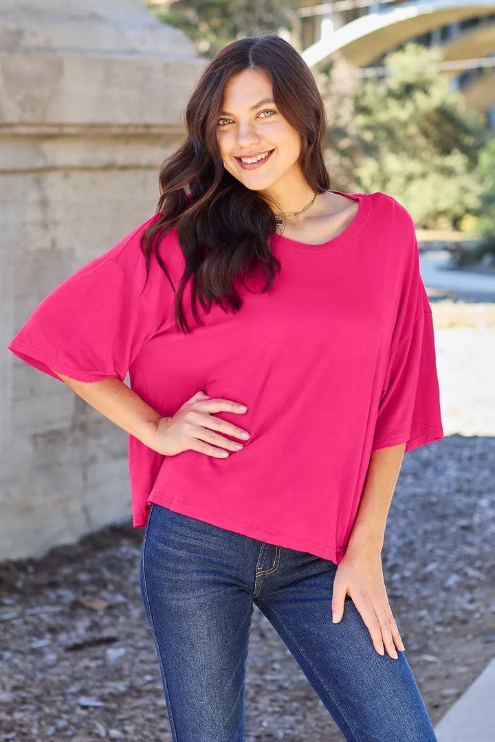 Hot Pink Drop-shoulder boxy round neck short sleeve tee