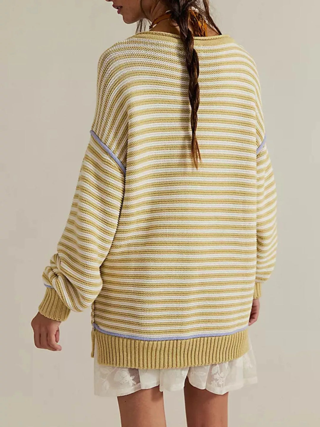 Striped ribbed knit round neck sweater with contrast trim