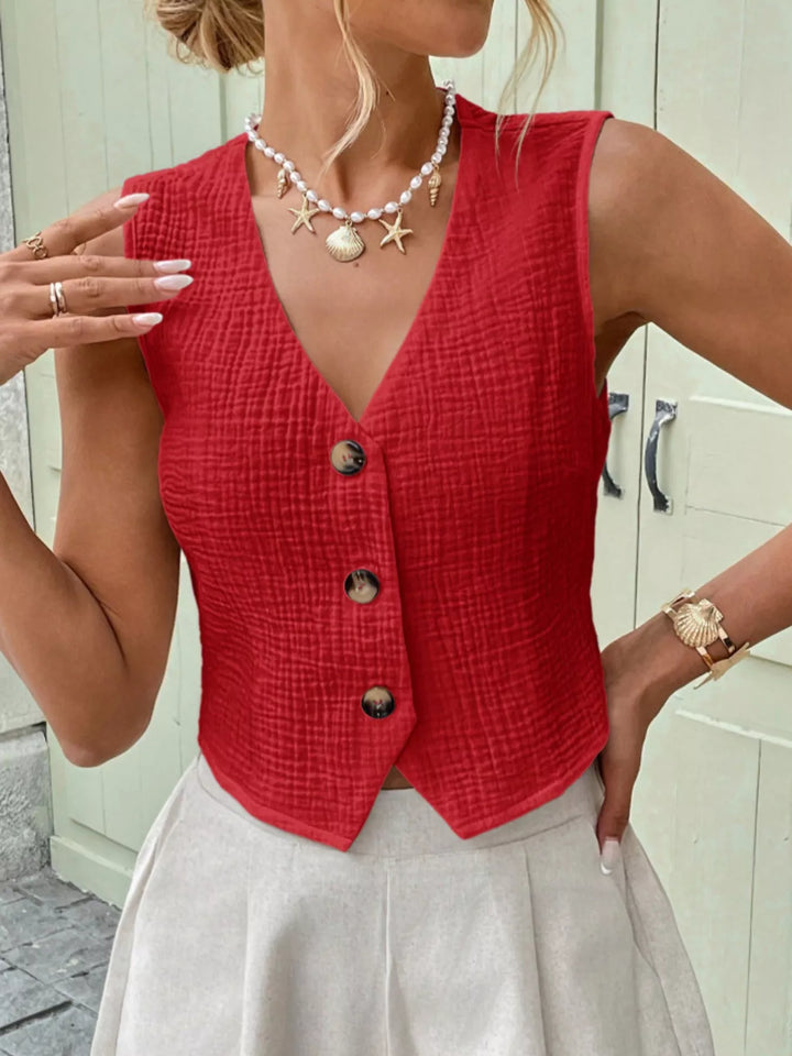Red Textured cotton gauze button-front cropped vest