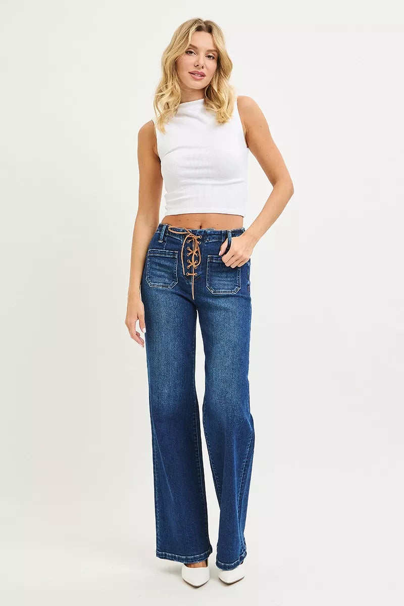 Lace-up front high rise wide leg jeans with patch pockets