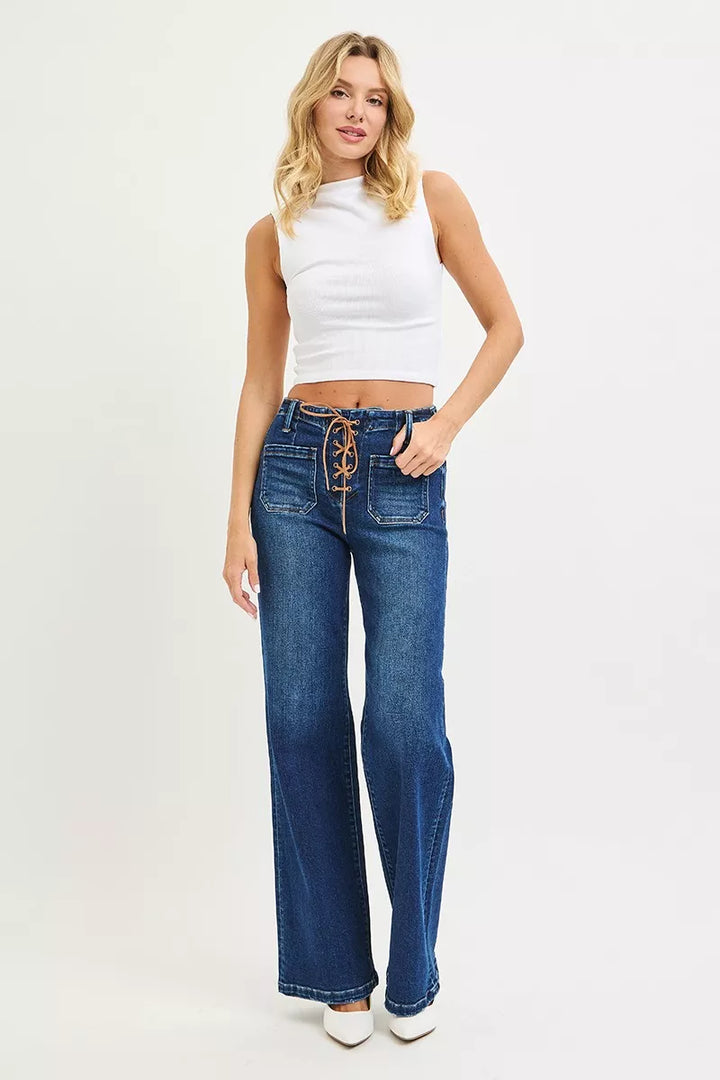 Lace-up front high rise wide leg jeans with patch pockets