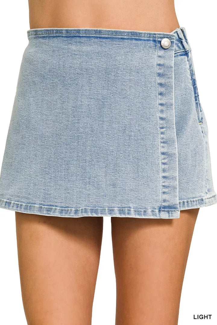 LIGHT Wrap front denim mini skort with button closure
