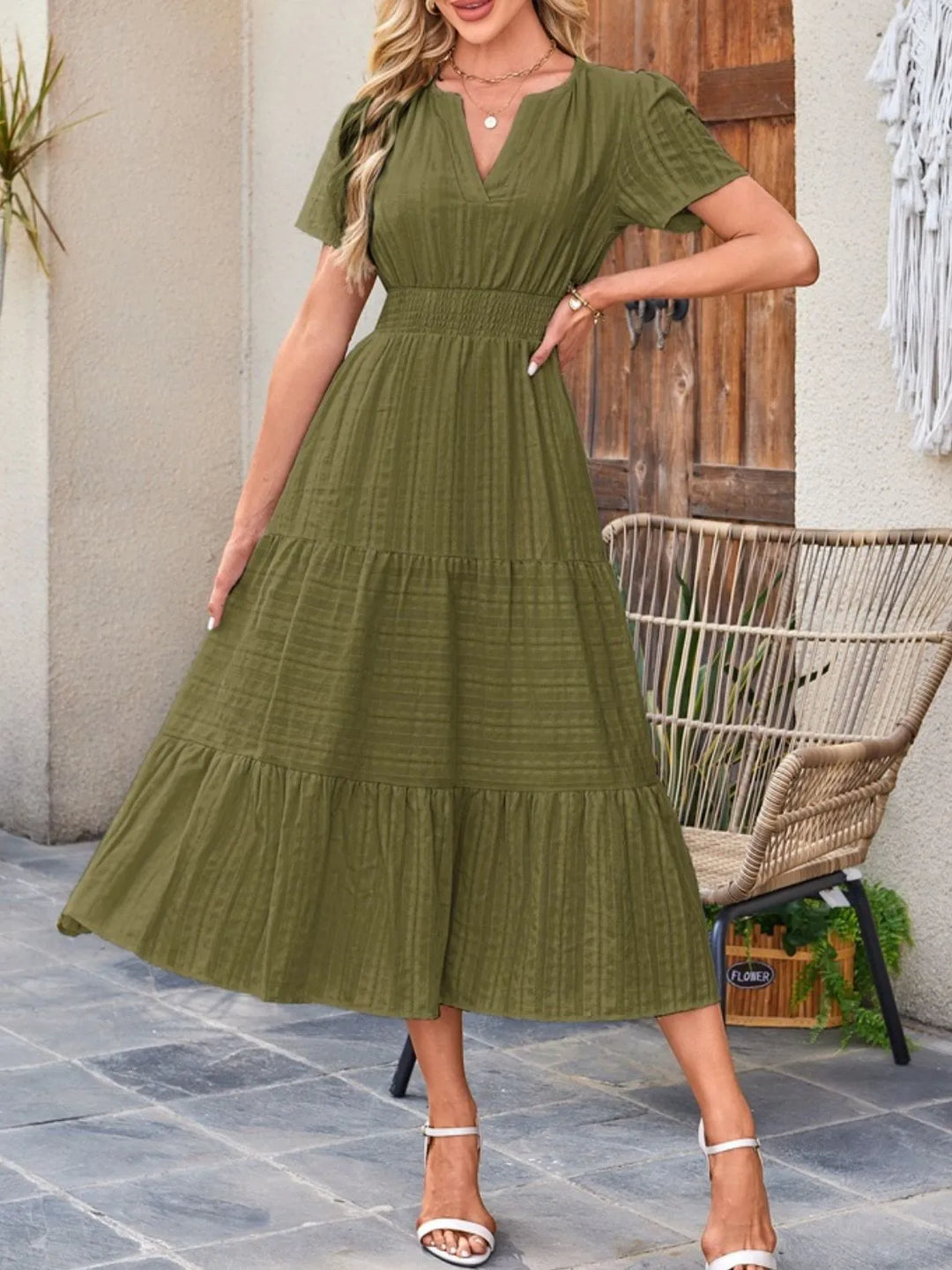 Tiered notched neck short sleeve midi dress with pockets