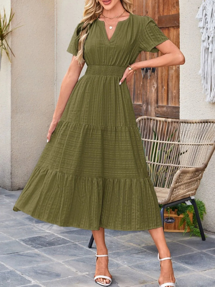 Tiered notched neck short sleeve midi dress with pockets