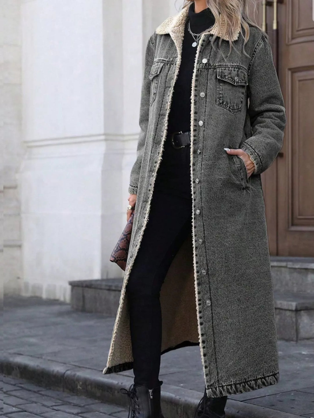 Sherpa-lined longline button-front denim jacket
