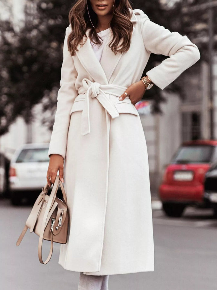 White Tie-waist longline coat with notched lapels and pockets