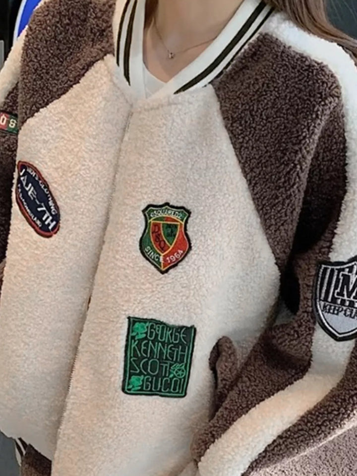 Zip-up sherpa fleece varsity jacket with embroidered patches