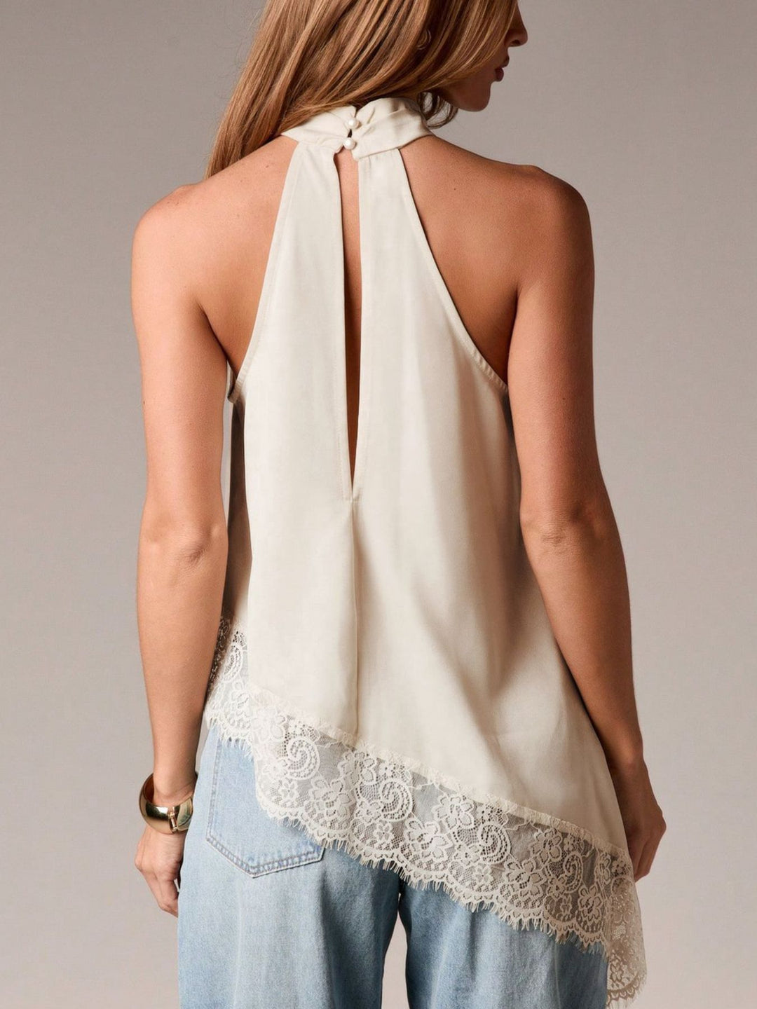 Satin halter neck cami with lace trim asymmetrical hem