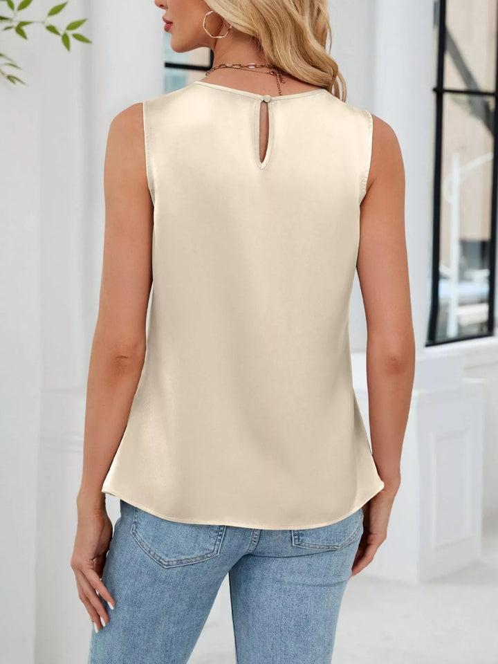 Pleated front crew neck sleeveless tank top