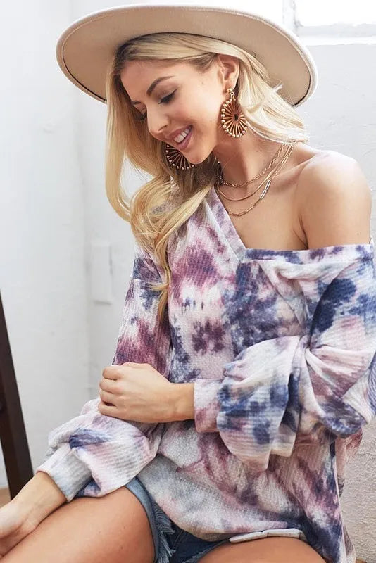 Tie-dye V-neck waffle knit long sleeve top