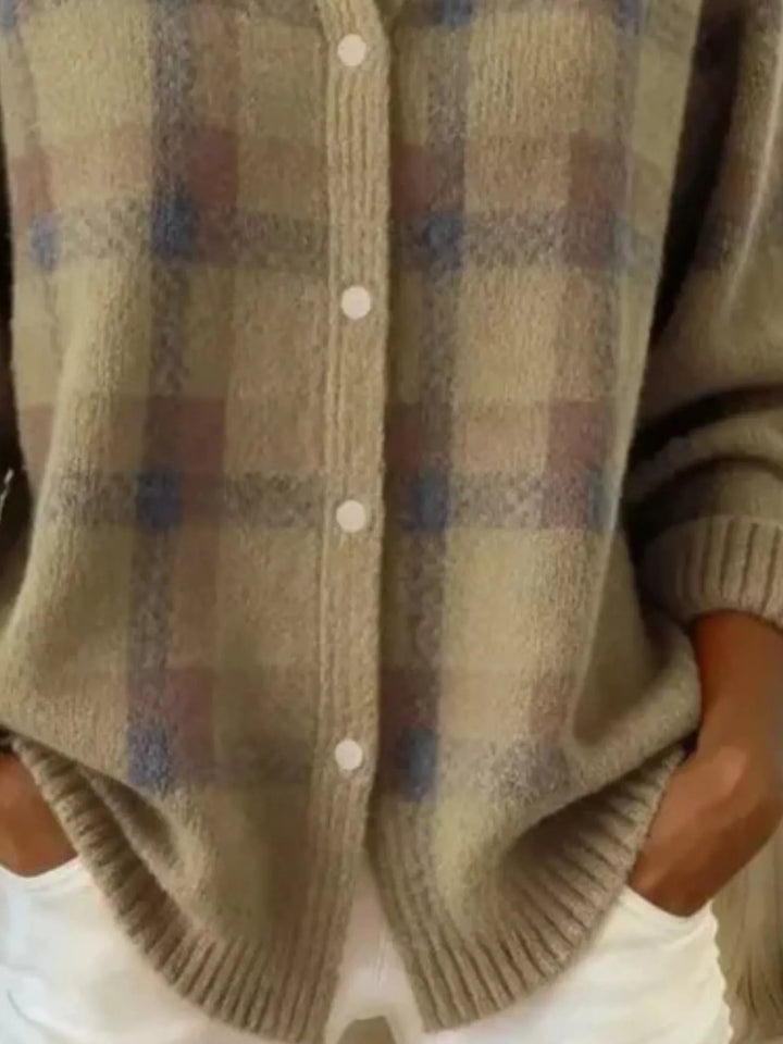 Plaid button-down knit cardigan with ribbed cuffs and hem