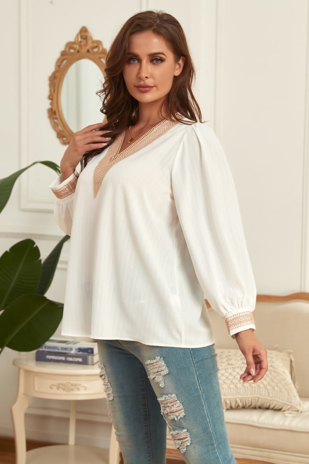 V-neck puff sleeve blouse with embroidered trim