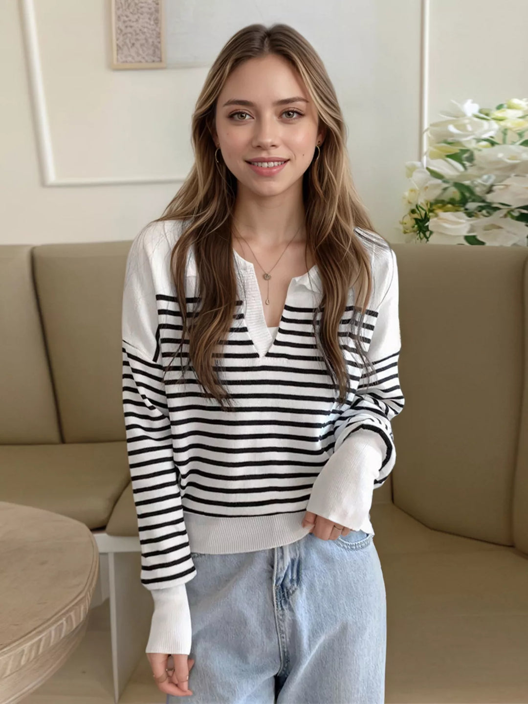 Striped collared knit top with long sleeves
