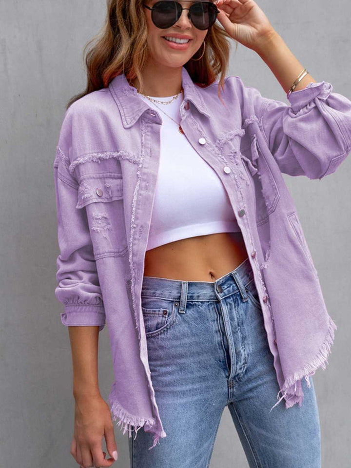 Lavender Distressed drop shoulder denim jacket with fringe hem