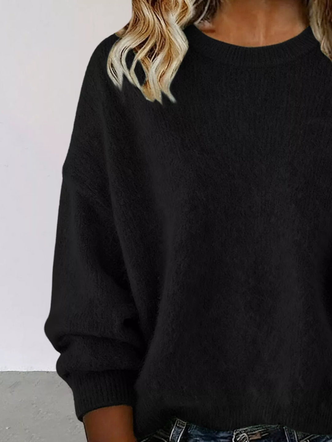 Dropped-shoulder crew neck knit sweater with ribbed trim