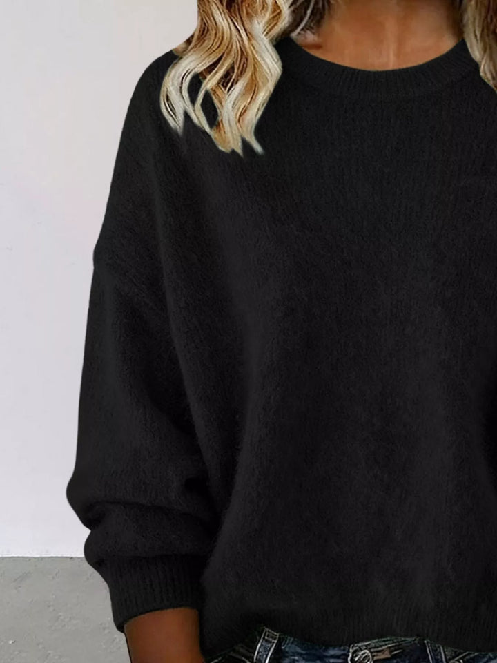 Dropped-shoulder crew neck knit sweater with ribbed trim