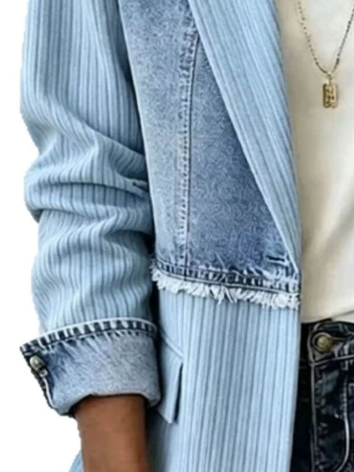 Denim patchwork ribbed blazer with raw hem and notch lapels