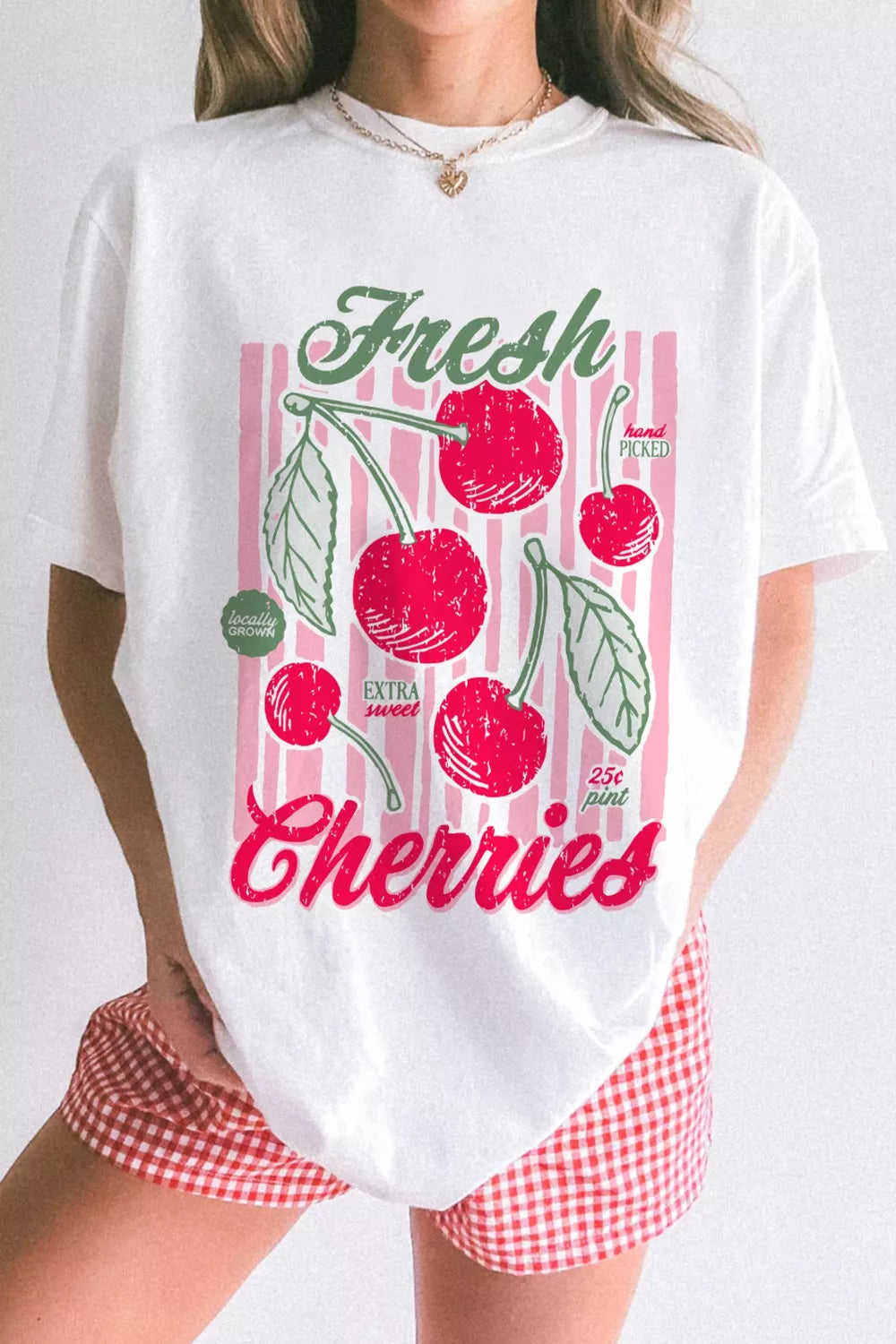 White Fresh Cherries retro graphic oversized crew neck tee