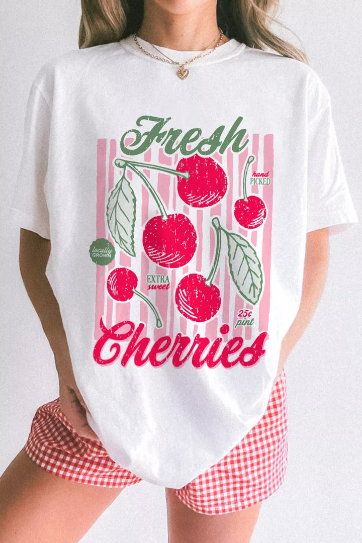 White Fresh Cherries retro graphic oversized crew neck tee