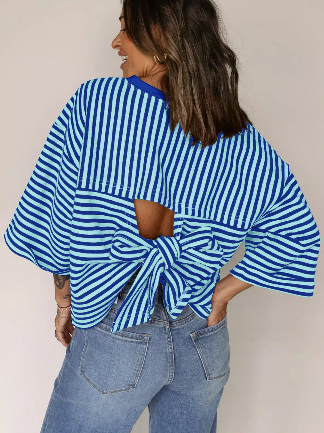 Striped oversized tee with back bow tie and keyhole cutout