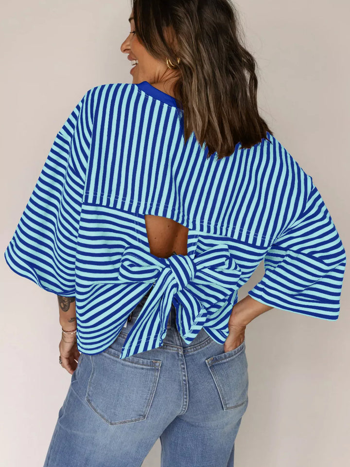 Striped oversized tee with back bow tie and keyhole cutout