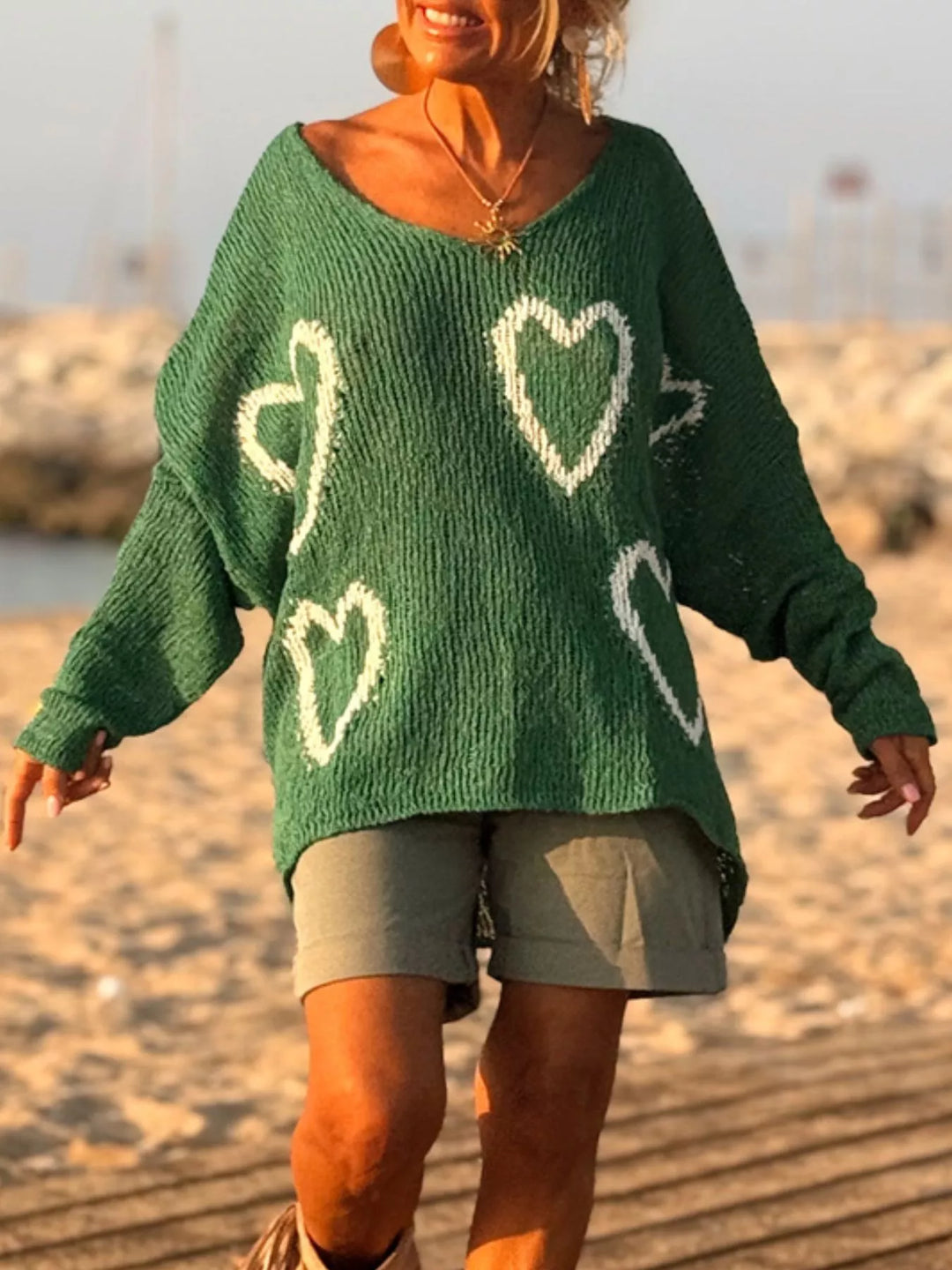 Heart motif V-neck dropped-shoulder knit sweater