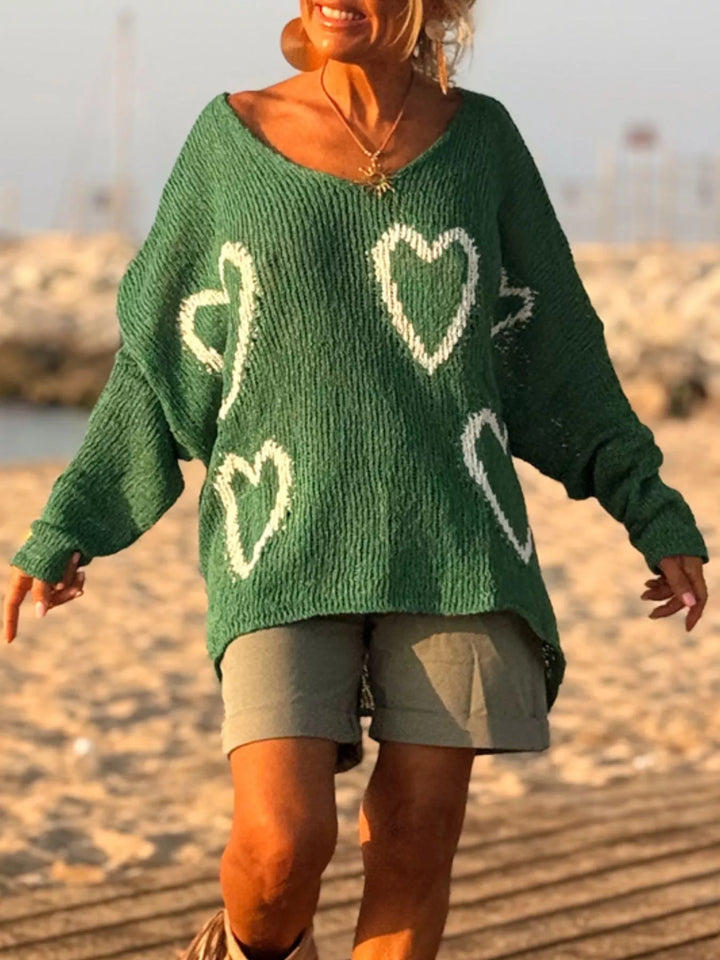 Heart motif V-neck dropped-shoulder knit sweater