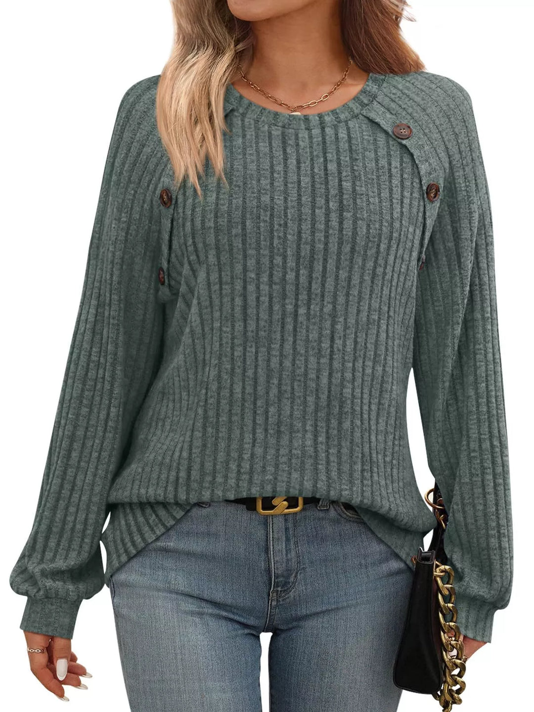 Olive Ribbed knit long sleeve top with decorative shoulder buttons
