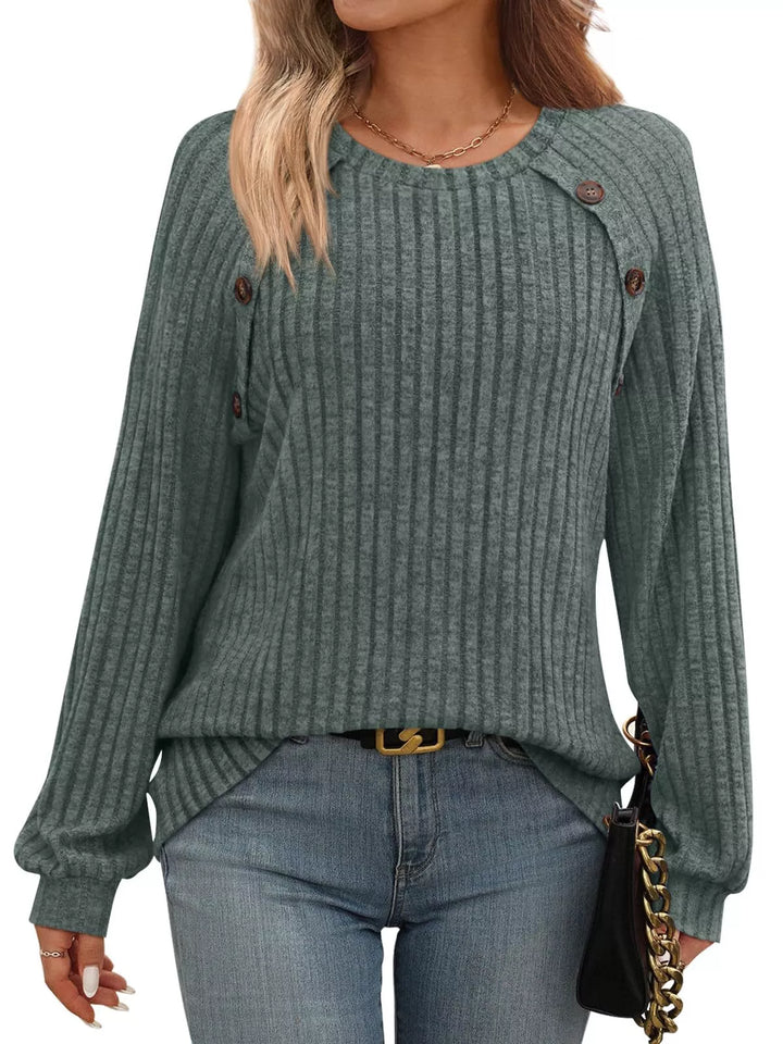 Olive Ribbed knit long sleeve top with decorative shoulder buttons