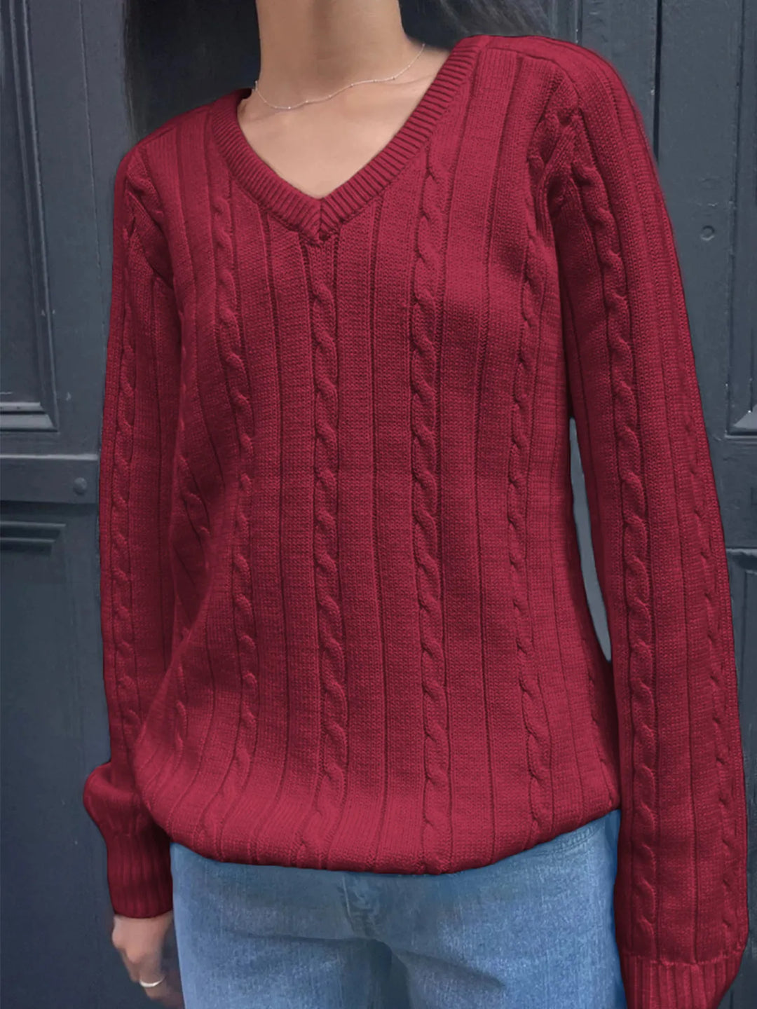 Burgundy Cable knit V-neck pullover sweater with ribbed trim