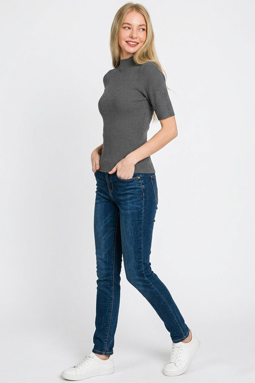 Ribbed knit mock neck short sleeve sweater