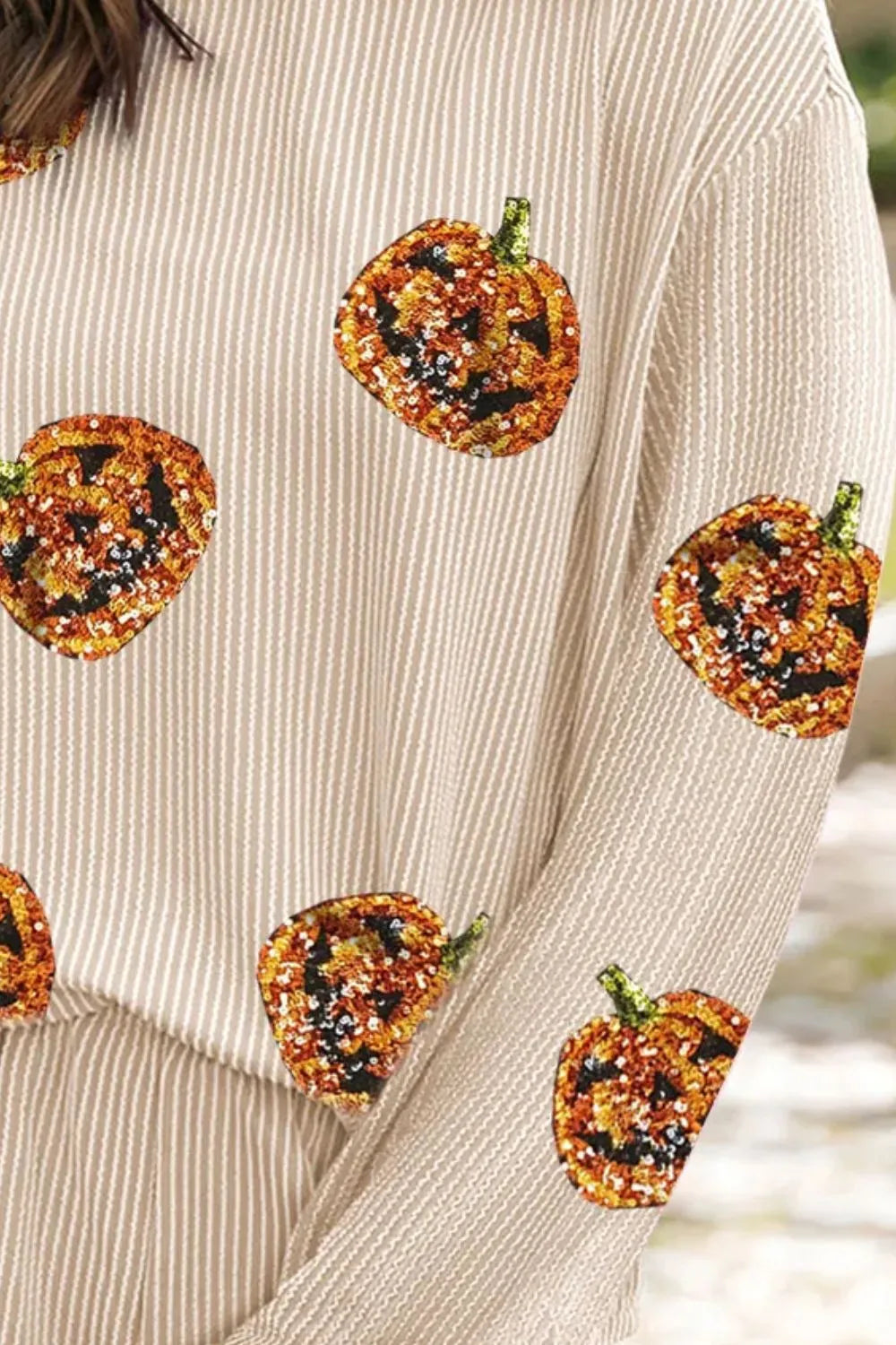 Sequin pumpkin ribbed long sleeve top and shorts set