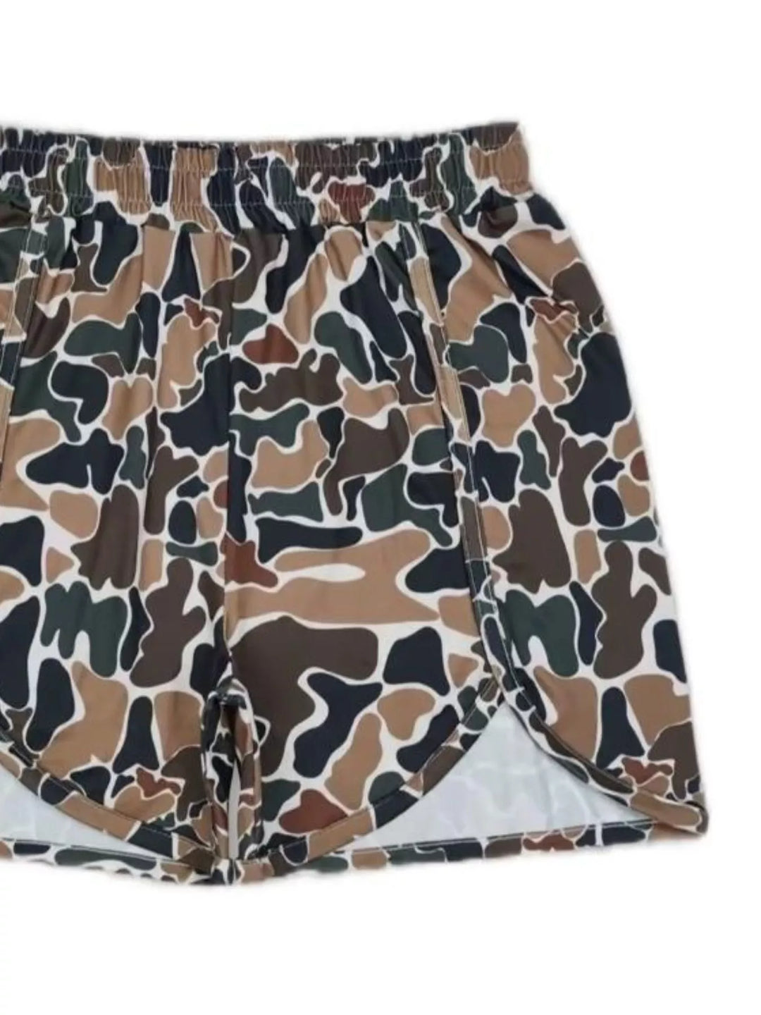 Camo print flowy running shorts with elastic waist