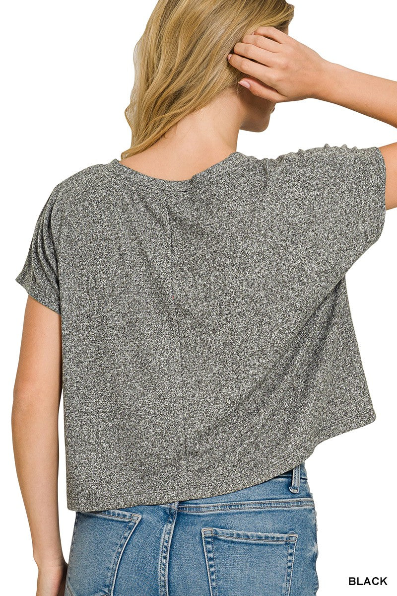 Melange knit V-neck drop-shoulder crop top