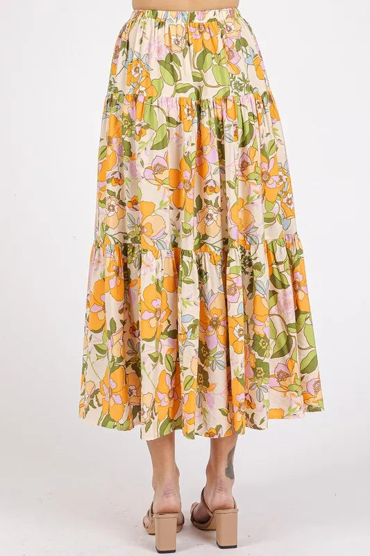 Retro floral print tiered midi skirt with elastic waistband