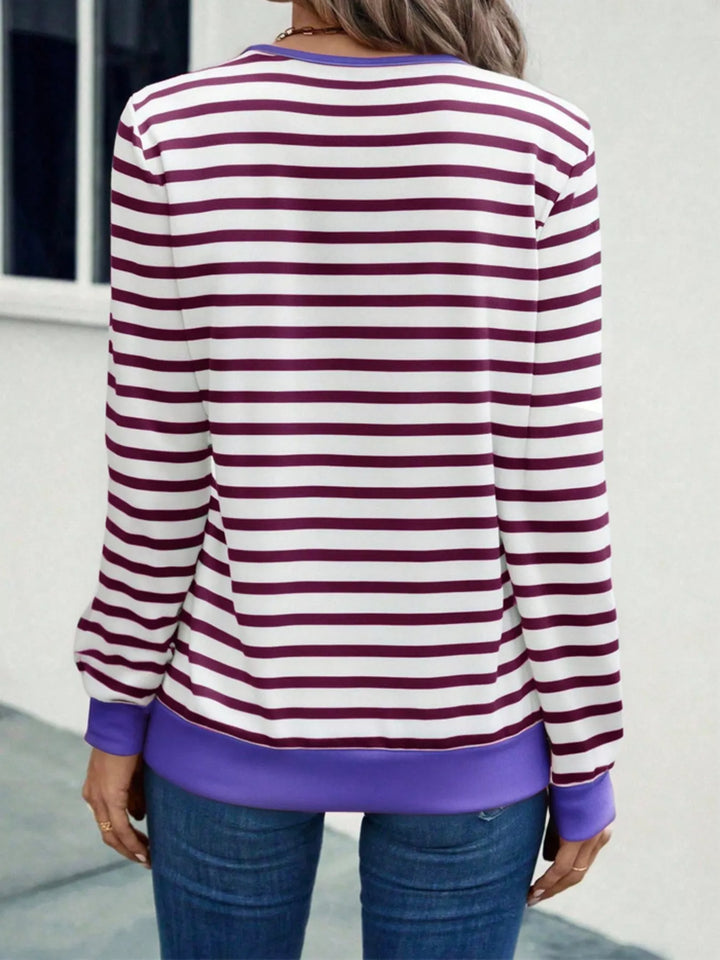 Striped V-neck long sleeve top with contrast trim