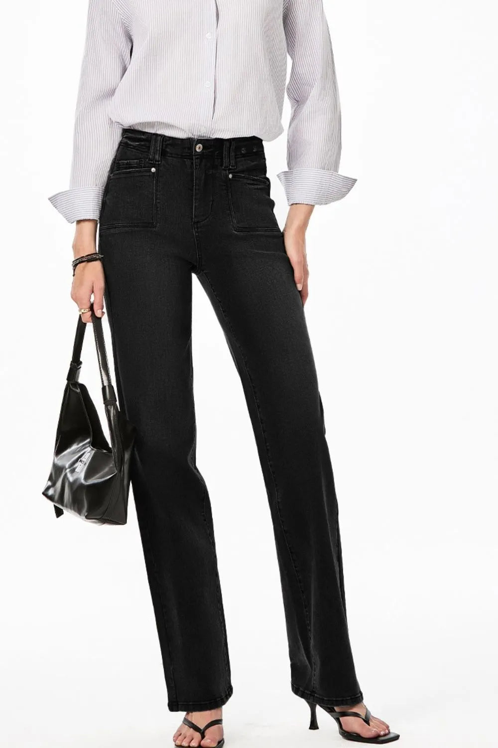Black Vintage wash high-rise wide-leg jeans with patch pockets