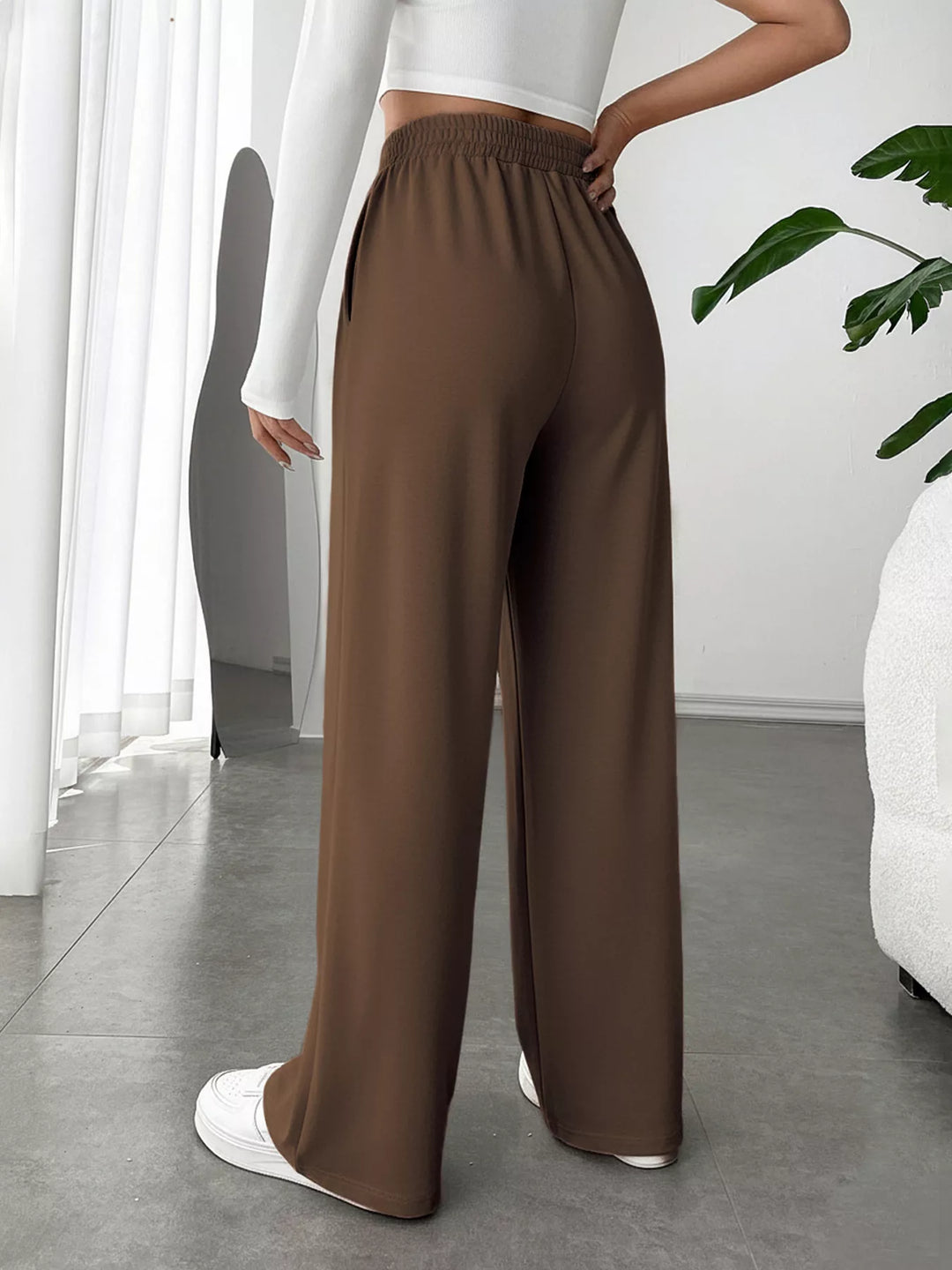 High waist wide leg pull-on pants with V-notch waistband