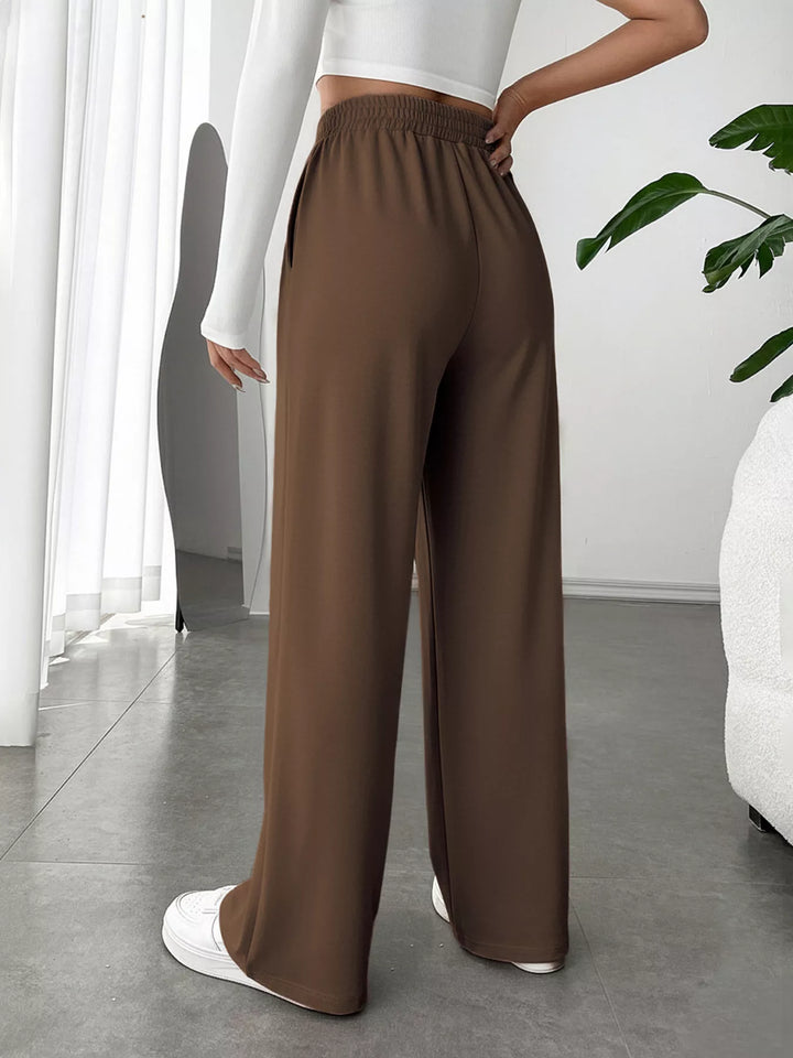High waist wide leg pull-on pants with V-notch waistband
