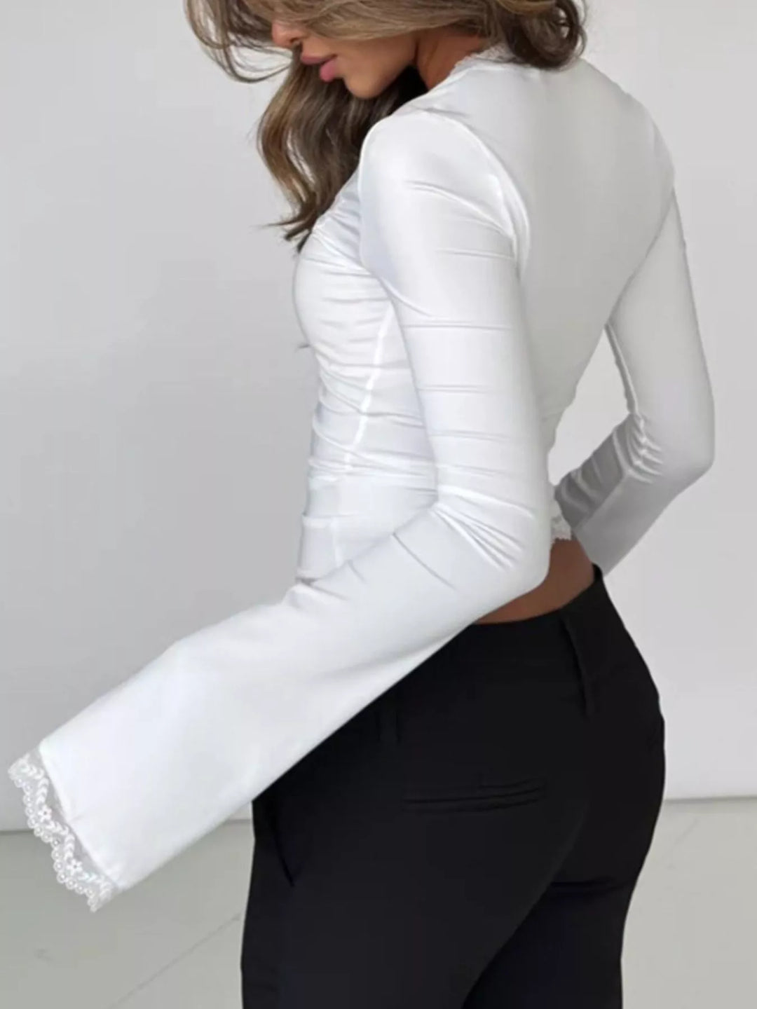 Lace trim long sleeve top with square neck and bell cuffs