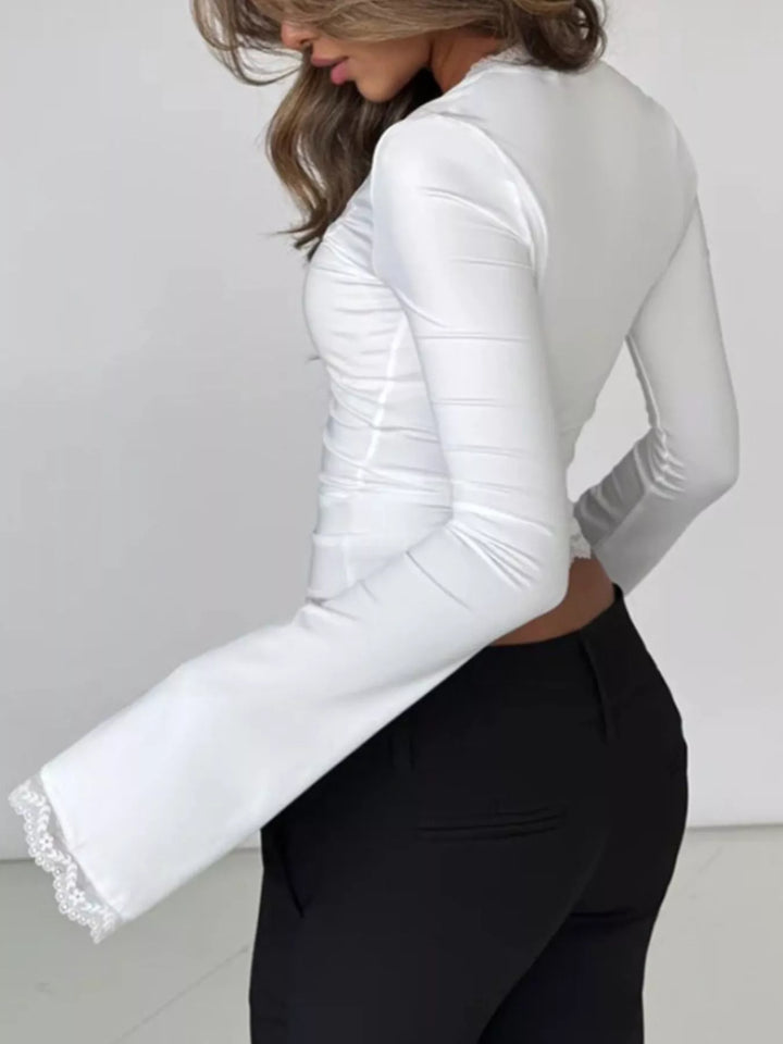 Lace trim long sleeve top with square neck and bell cuffs