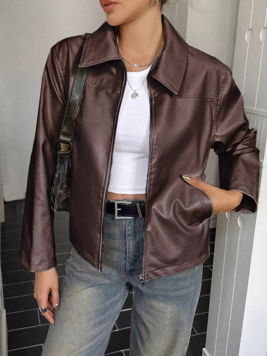 Brown Collared faux leather zip-up jacket with patch pockets