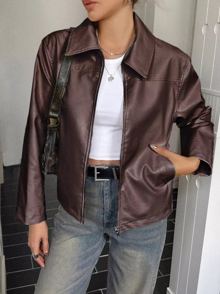 Brown Collared faux leather zip-up jacket with patch pockets