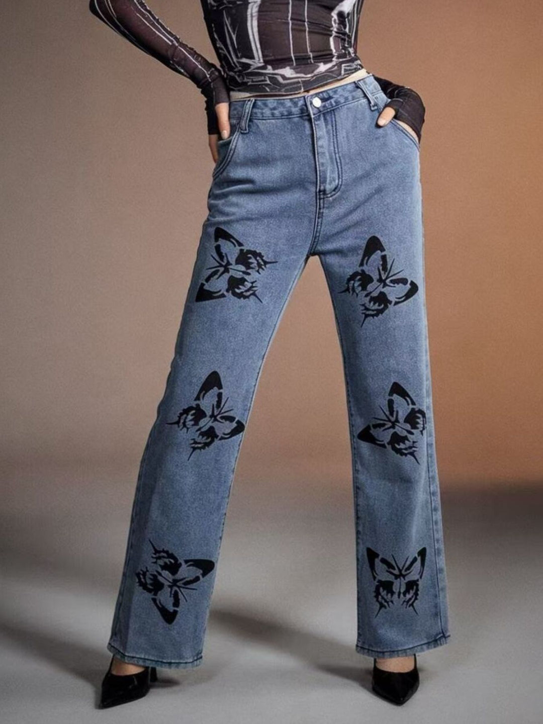 Sky Blue Butterfly print high-rise wide leg jeans