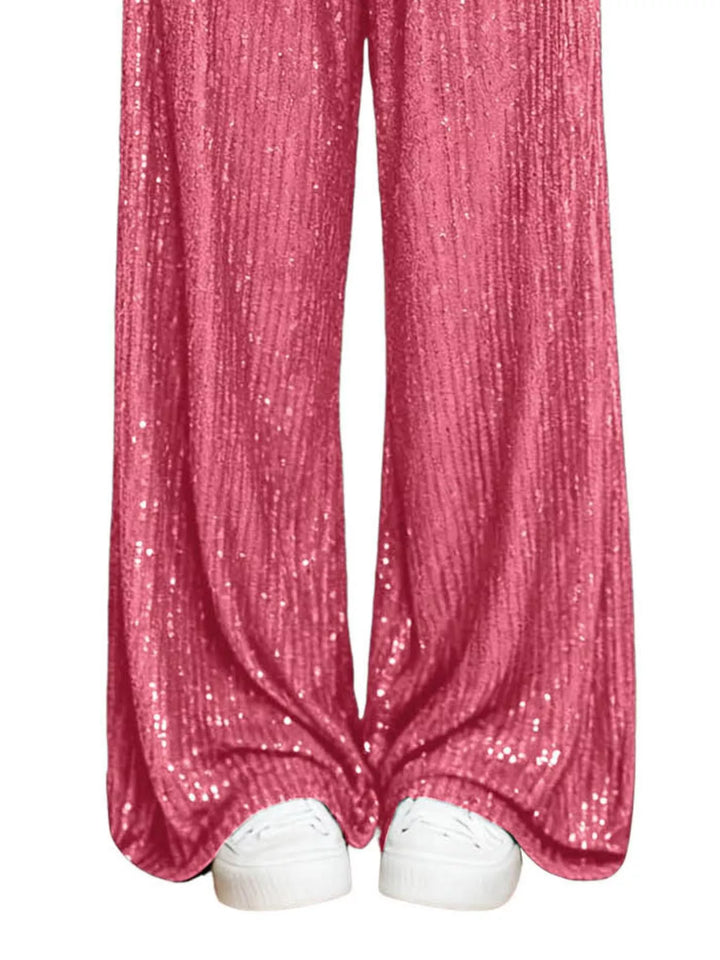 Fuchsia Pink All-over sequin wide-leg pants with elastic waist