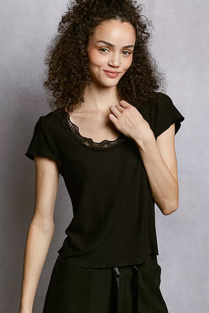 Ribbed scoop neck crop top with lace trim