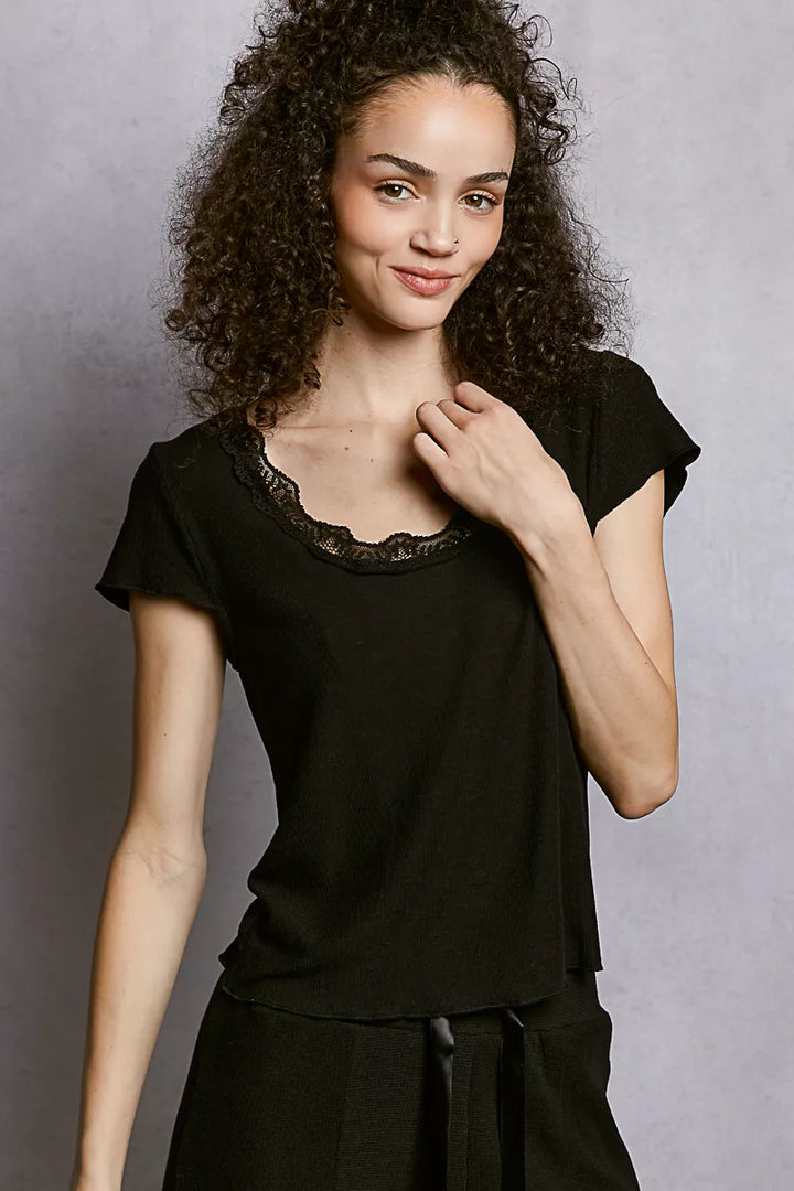 Ribbed scoop neck crop top with lace trim