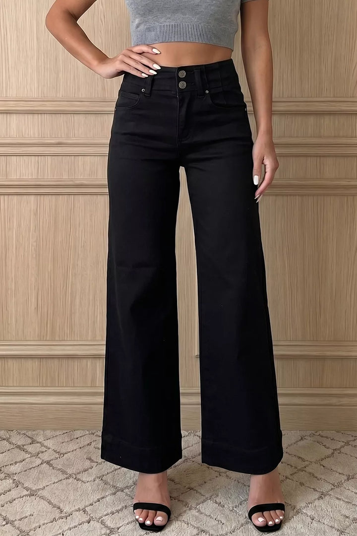 Two-button high-rise wide-leg flare jeans