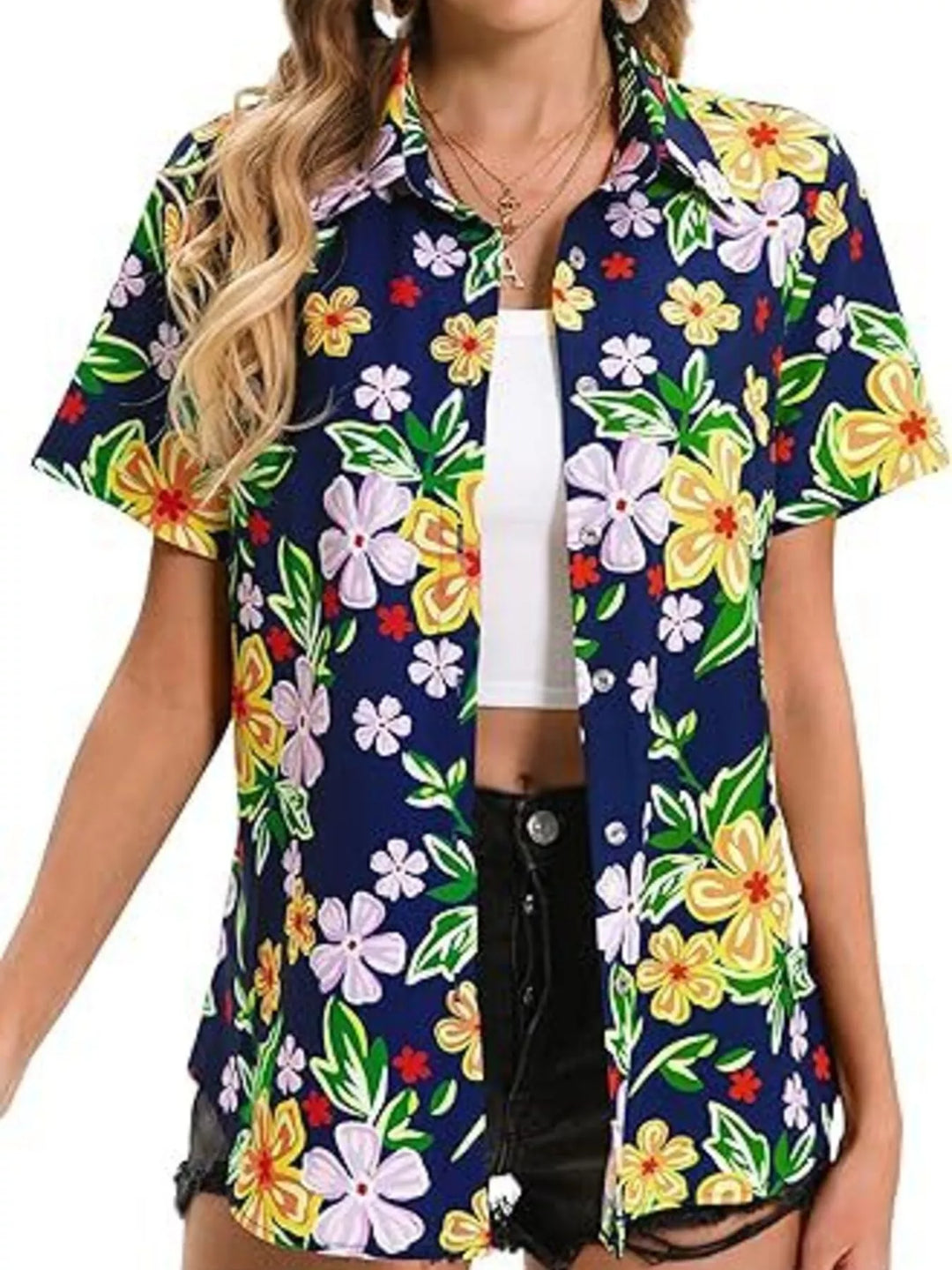 Tropical hibiscus print short sleeve button-up shirt