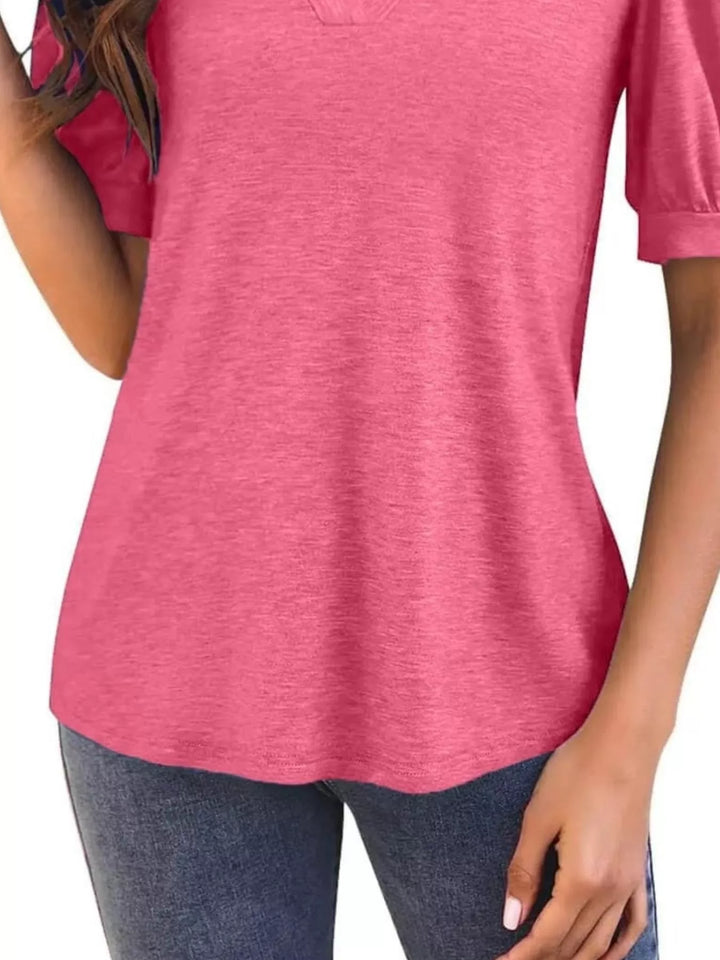 Short puff sleeve notched V-neck casual tee